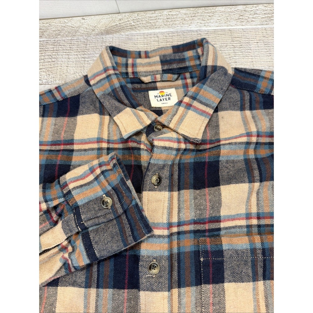 Marine Layer Flannel Shirt‎ Mens Small Plaid Stretch Button Front Blue Cream
